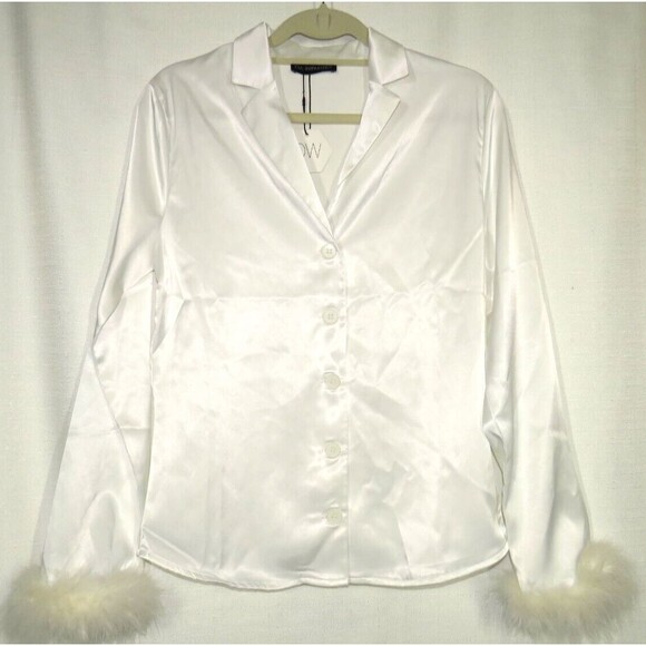 OW Intimates Revolve White Satin Ostrich Feather Trimmed Pajama Top Size 4-XS - Picture 7 of 14